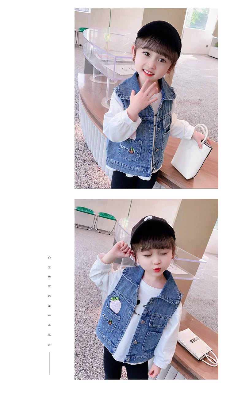 Lovely Baby Girls Denim Vest 2025 New Child Strawberry Clothes Korean Kids Design Sleeveless Jacket Toddler Cute Denim Waistcoat - Astra Wear astrawear.ca