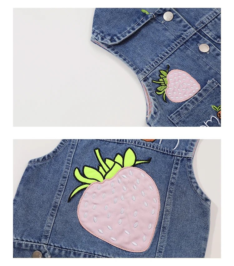 Lovely Baby Girls Denim Vest 2025 New Child Strawberry Clothes Korean Kids Design Sleeveless Jacket Toddler Cute Denim Waistcoat - Astra Wear astrawear.ca