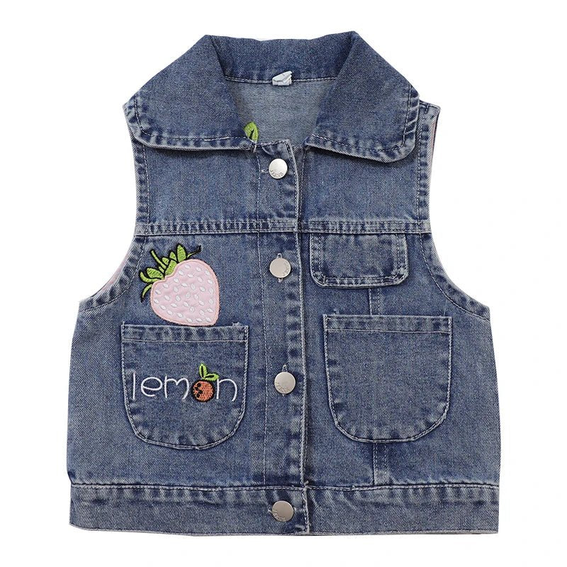 Lovely Baby Girls Denim Vest 2025 New Child Strawberry Clothes Korean Kids Design Sleeveless Jacket Toddler Cute Denim Waistcoat - Astra Wear astrawear.ca