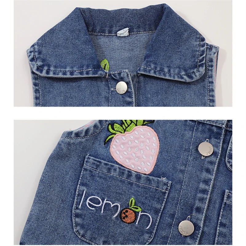 Lovely Baby Girls Denim Vest 2025 New Child Strawberry Clothes Korean Kids Design Sleeveless Jacket Toddler Cute Denim Waistcoat - Astra Wear astrawear.ca