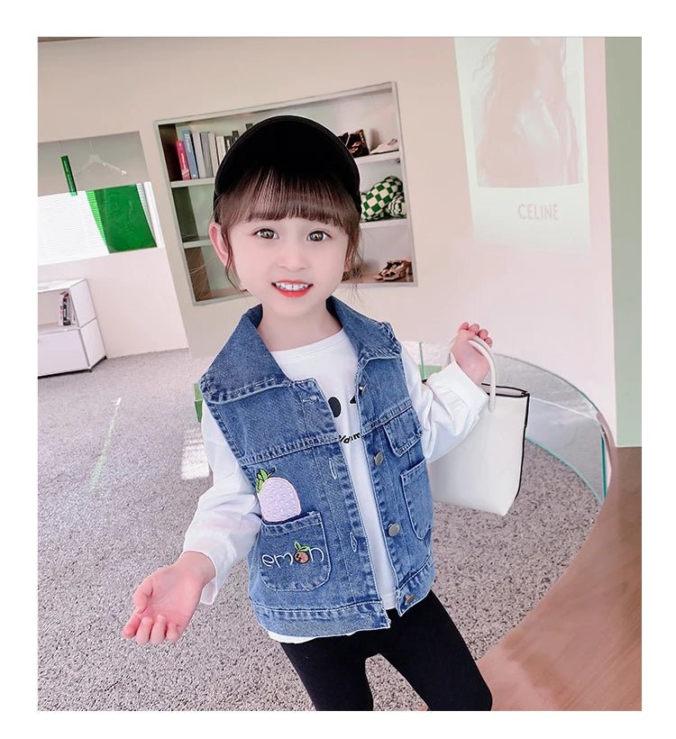 Lovely Baby Girls Denim Vest 2025 New Child Strawberry Clothes Korean Kids Design Sleeveless Jacket Toddler Cute Denim Waistcoat - Astra Wear astrawear.ca