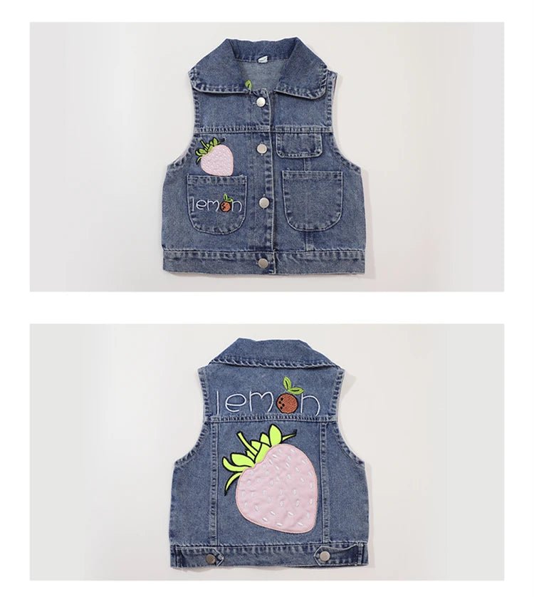 Lovely Baby Girls Denim Vest 2025 New Child Strawberry Clothes Korean Kids Design Sleeveless Jacket Toddler Cute Denim Waistcoat - Astra Wear astrawear.ca