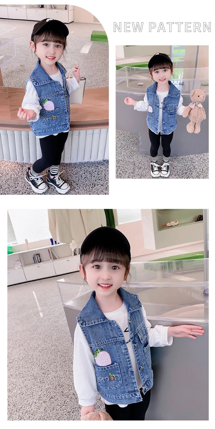 Lovely Baby Girls Denim Vest 2025 New Child Strawberry Clothes Korean Kids Design Sleeveless Jacket Toddler Cute Denim Waistcoat - Astra Wear astrawear.ca