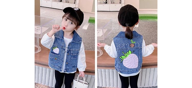 Lovely Baby Girls Denim Vest 2025 New Child Strawberry Clothes Korean Kids Design Sleeveless Jacket Toddler Cute Denim Waistcoat - Astra Wear astrawear.ca