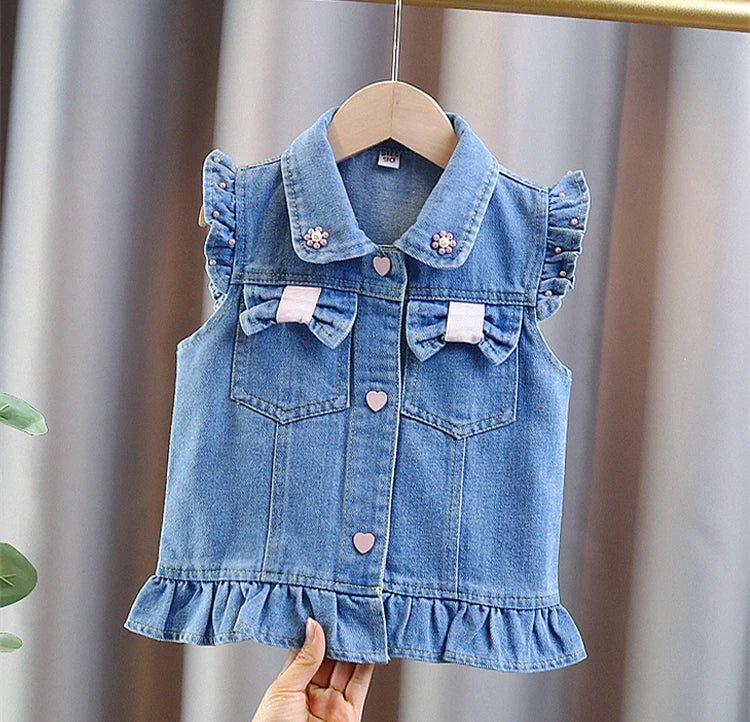 New Fashion Kids Children's Denim Vest with Bow and Pearl for Toddler Girls Denim Waistcoat Baby Lovely Style Sleeveless Jacket - Astra Wear astrawear.ca