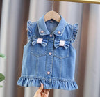 New Fashion Kids Children's Denim Vest with Bow and Pearl for Toddler Girls Denim Waistcoat Baby Lovely Style Sleeveless Jacket - Astra Wear astrawear.ca