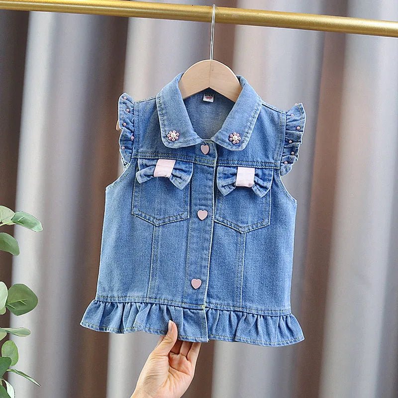 New Fashion Kids Children's Denim Vest with Bow and Pearl for Toddler Girls Denim Waistcoat Baby Lovely Style Sleeveless Jacket - Astra Wear astrawear.ca