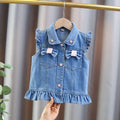 New Fashion Kids Children's Denim Vest with Bow and Pearl for Toddler Girls Denim Waistcoat Baby Lovely Style Sleeveless Jacket - Astra Wear astrawear.ca