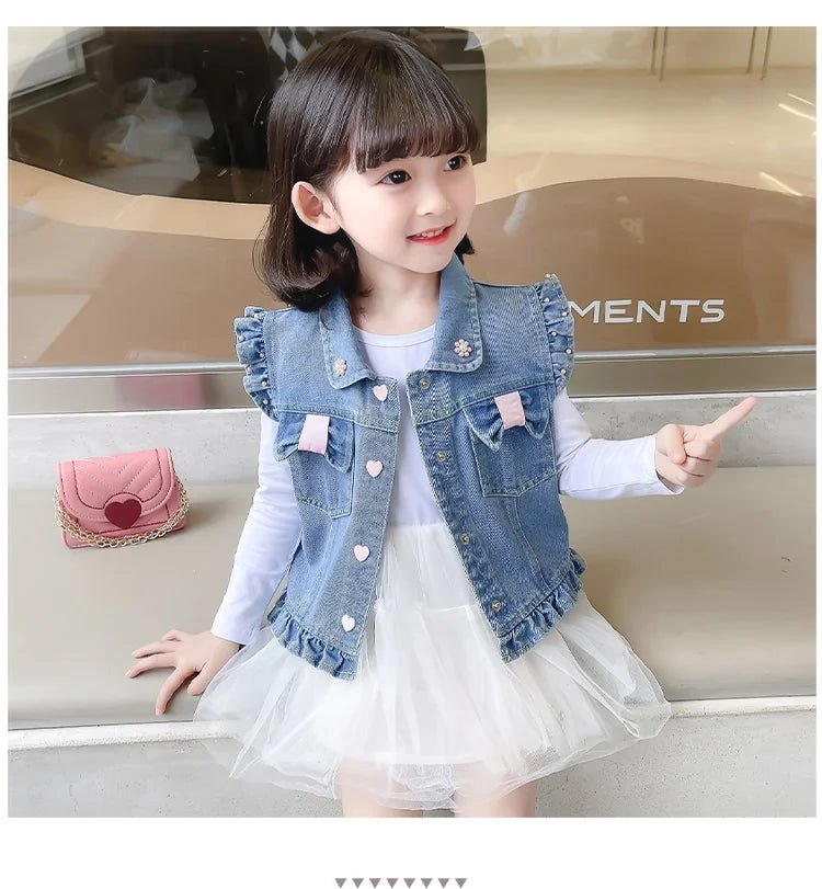 New Fashion Kids Children's Denim Vest with Bow and Pearl for Toddler Girls Denim Waistcoat Baby Lovely Style Sleeveless Jacket - Astra Wear astrawear.ca