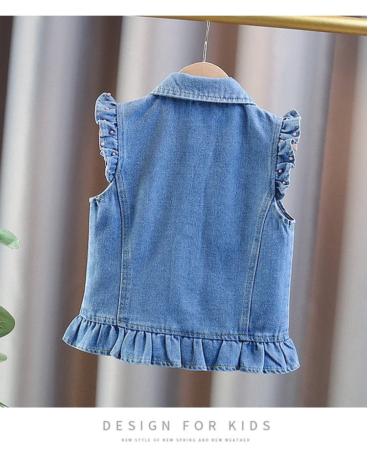 New Fashion Kids Children's Denim Vest with Bow and Pearl for Toddler Girls Denim Waistcoat Baby Lovely Style Sleeveless Jacket - Astra Wear astrawear.ca