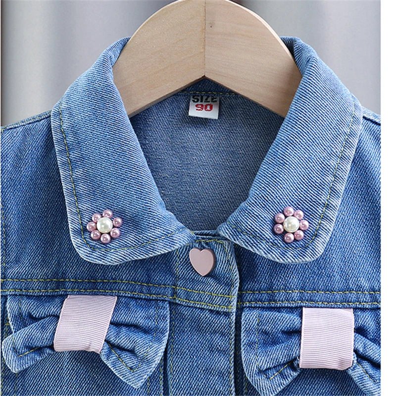 New Fashion Kids Children's Denim Vest with Bow and Pearl for Toddler Girls Denim Waistcoat Baby Lovely Style Sleeveless Jacket - Astra Wear astrawear.ca