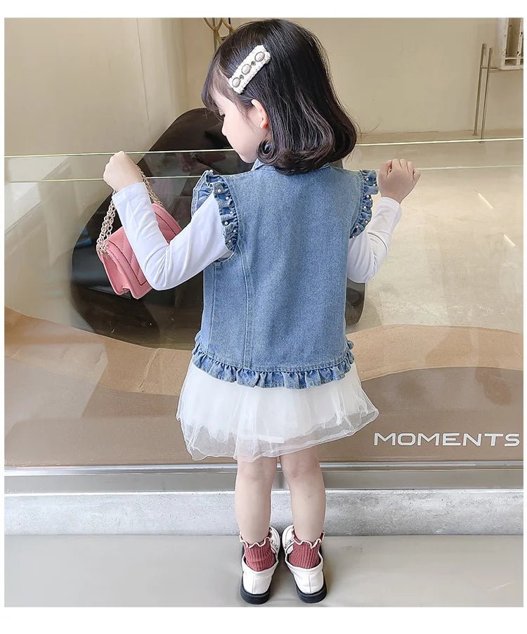 New Fashion Kids Children's Denim Vest with Bow and Pearl for Toddler Girls Denim Waistcoat Baby Lovely Style Sleeveless Jacket - Astra Wear astrawear.ca
