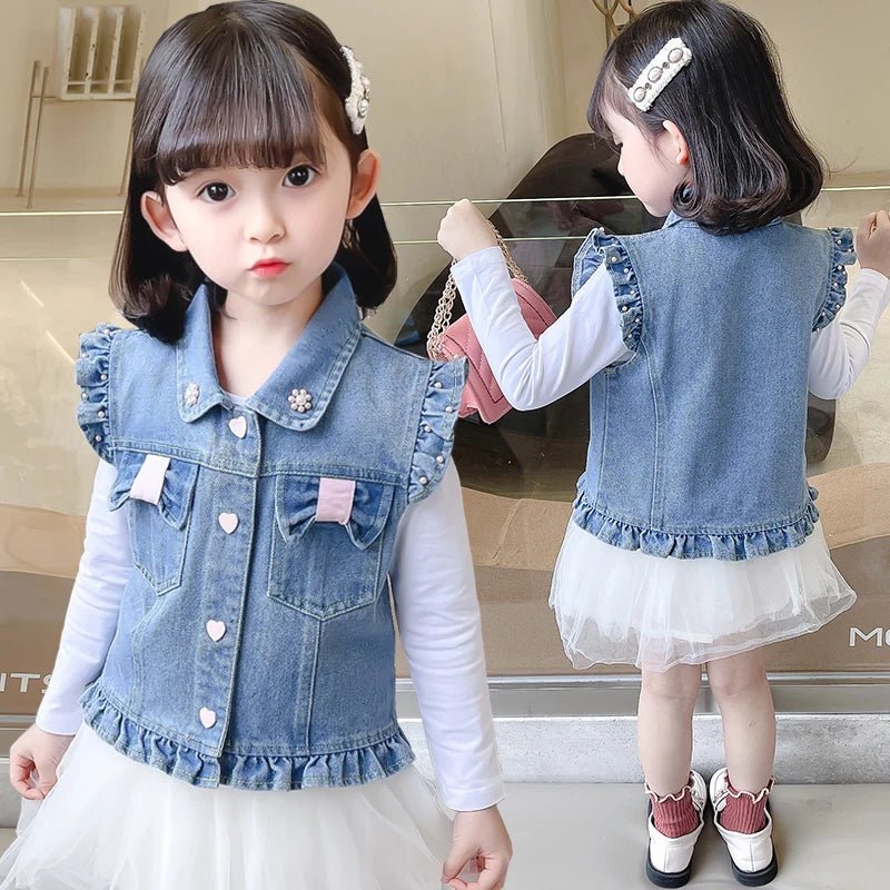 New Fashion Kids Children's Denim Vest with Bow and Pearl for Toddler Girls Denim Waistcoat Baby Lovely Style Sleeveless Jacket - Astra Wear astrawear.ca
