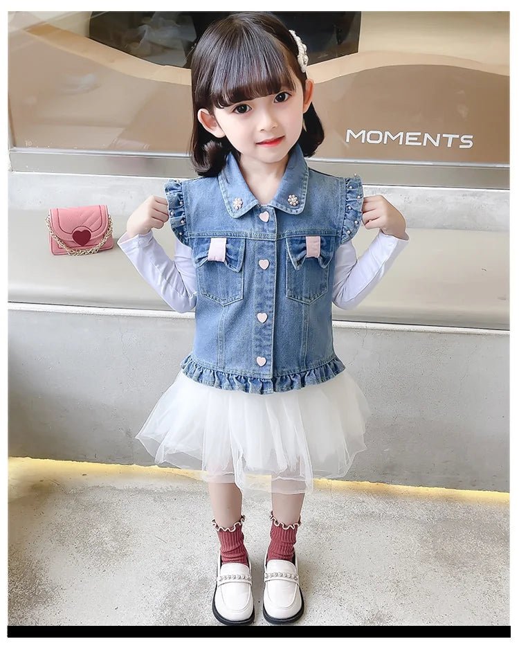 New Fashion Kids Children's Denim Vest with Bow and Pearl for Toddler Girls Denim Waistcoat Baby Lovely Style Sleeveless Jacket - Astra Wear astrawear.ca