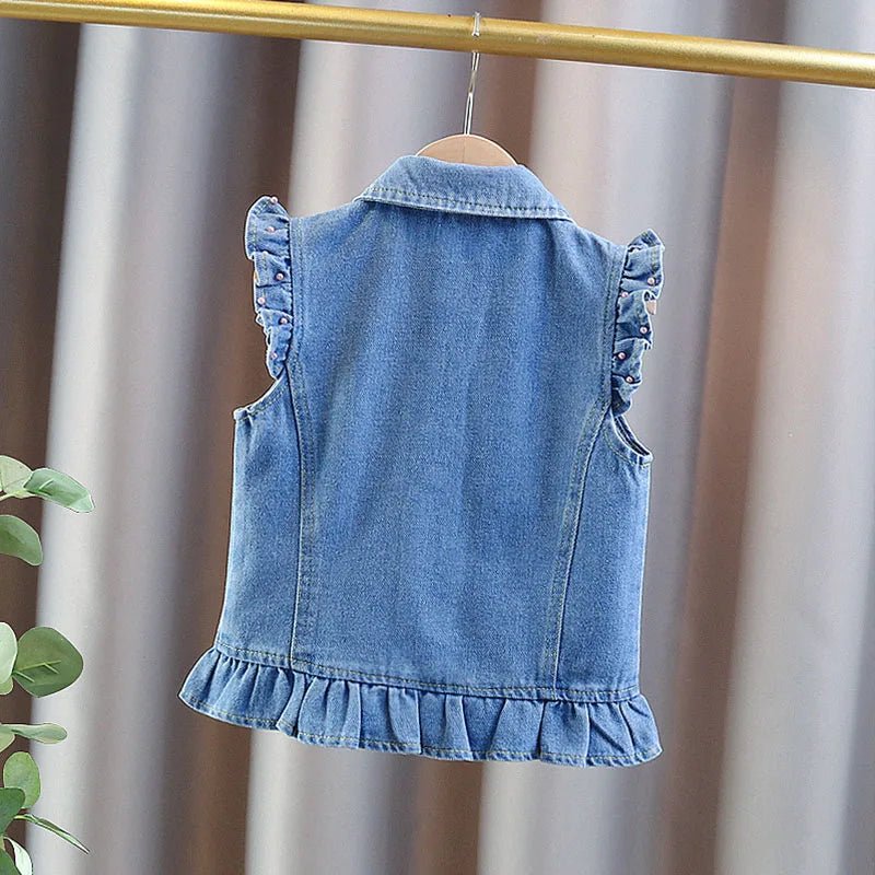 New Fashion Kids Children's Denim Vest with Bow and Pearl for Toddler Girls Denim Waistcoat Baby Lovely Style Sleeveless Jacket - Astra Wear astrawear.ca