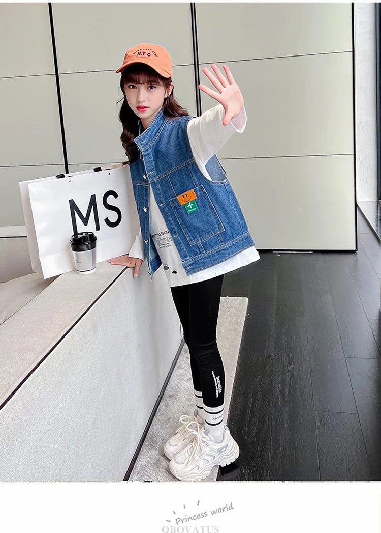 New Fashion Kids Girl Denim Vest Wasitcoat with Smile Face Outerwear Vintage Blue Children Casual Sleeveless Denim Jacket Outfit - Astra Wear astrawear.ca