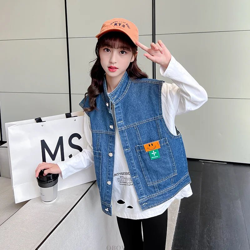 New Fashion Kids Girl Denim Vest Wasitcoat with Smile Face Outerwear Vintage Blue Children Casual Sleeveless Denim Jacket Outfit - Astra Wear astrawear.ca