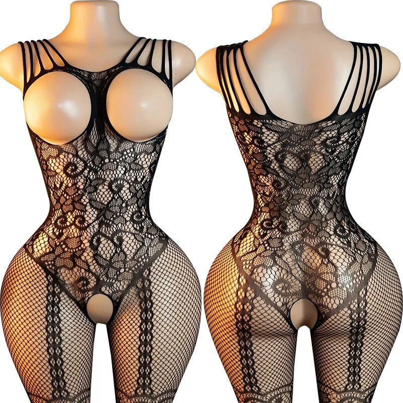 Off Shoulder Mesh Floral Print Baby Dolls Dress Short Sleeve Erotic Crotchless Lingerie Women Sexy Hollow Open Bra Bodystockings - Astra Wear astrawear.ca