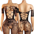 Off Shoulder Mesh Floral Print Baby Dolls Dress Short Sleeve Erotic Crotchless Lingerie Women Sexy Hollow Open Bra Bodystockings - Astra Wear astrawear.ca