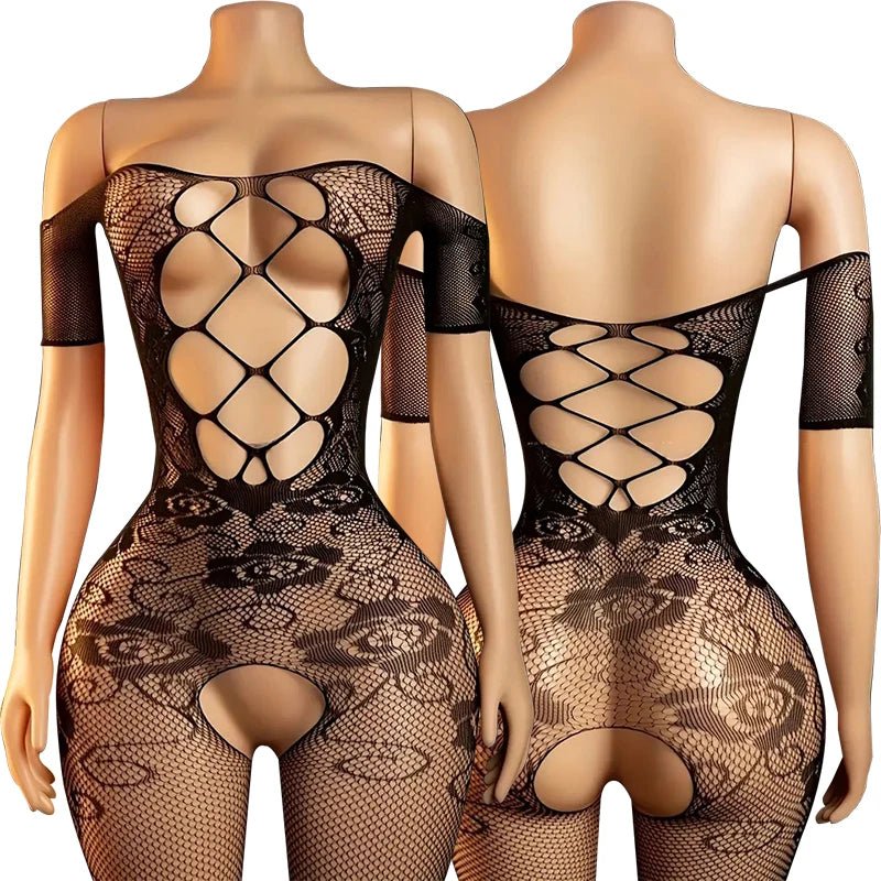 Off Shoulder Mesh Floral Print Baby Dolls Dress Short Sleeve Erotic Crotchless Lingerie Women Sexy Hollow Open Bra Bodystockings - Astra Wear astrawear.ca
