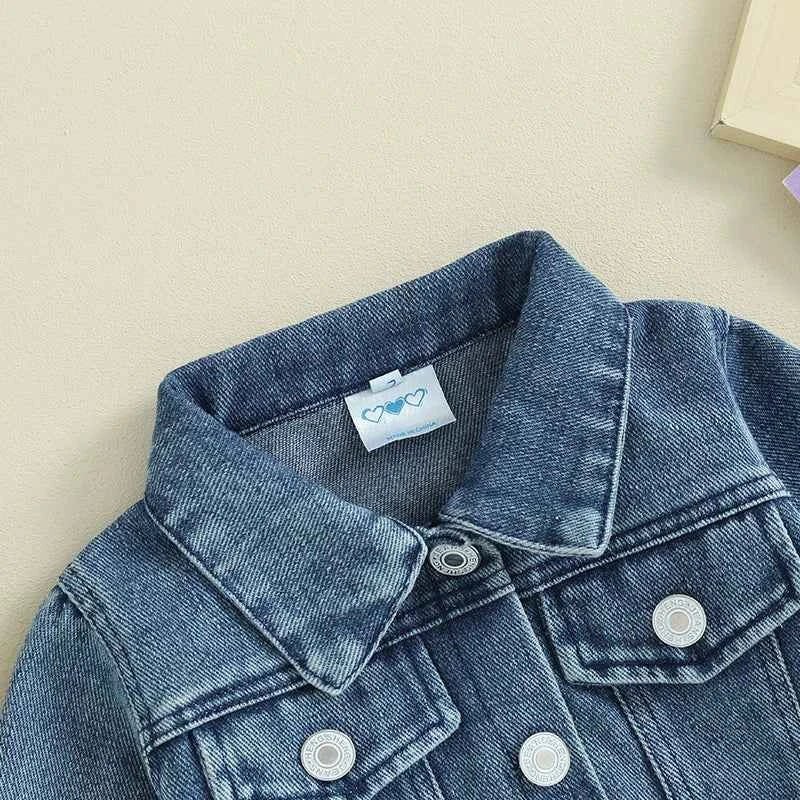 Toddler Girl Denim Jacket Letter Embroidery Long Sleeve Button Jean - Astra Wear astrawear.ca