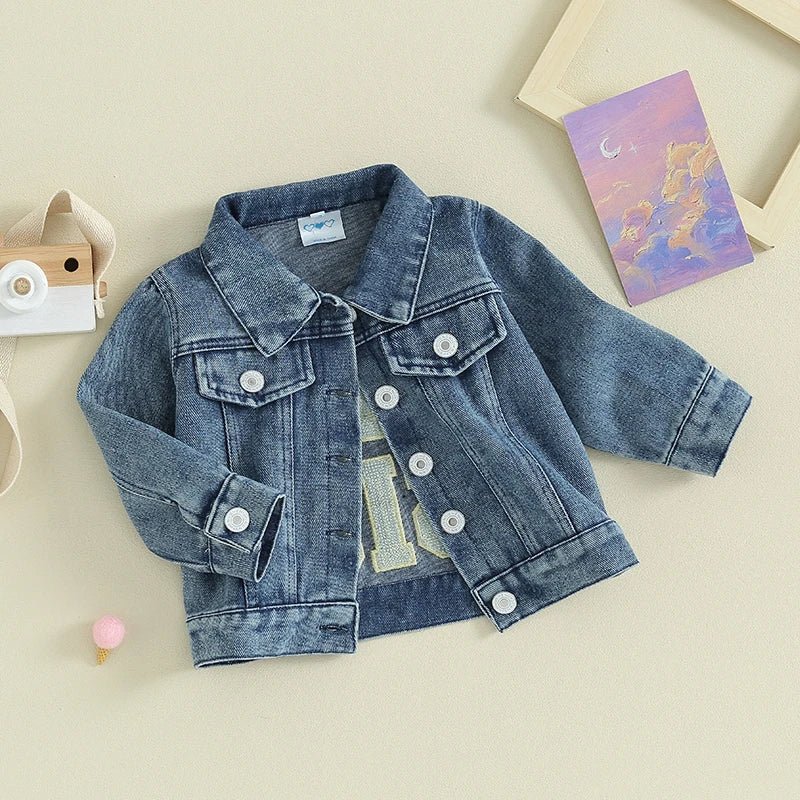 Toddler Girl Denim Jacket Letter Embroidery Long Sleeve Button Jean - Astra Wear astrawear.ca