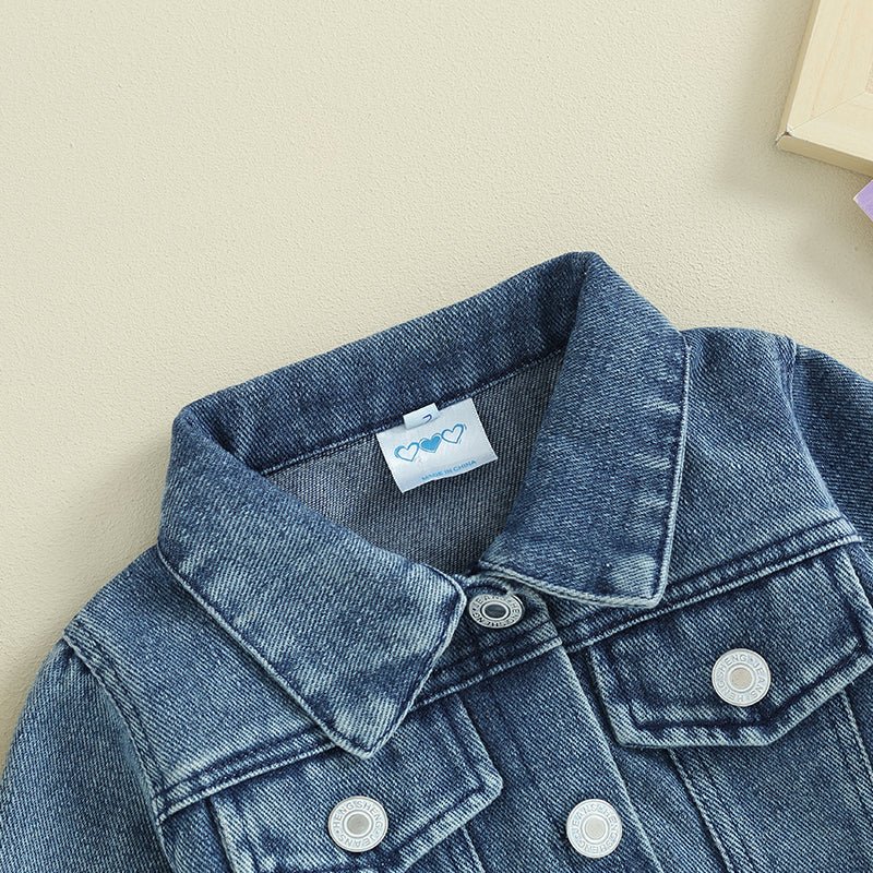 Toddler Girl Denim Jacket Letter Embroidery Long Sleeve Button Jean - Astra Wear astrawear.ca
