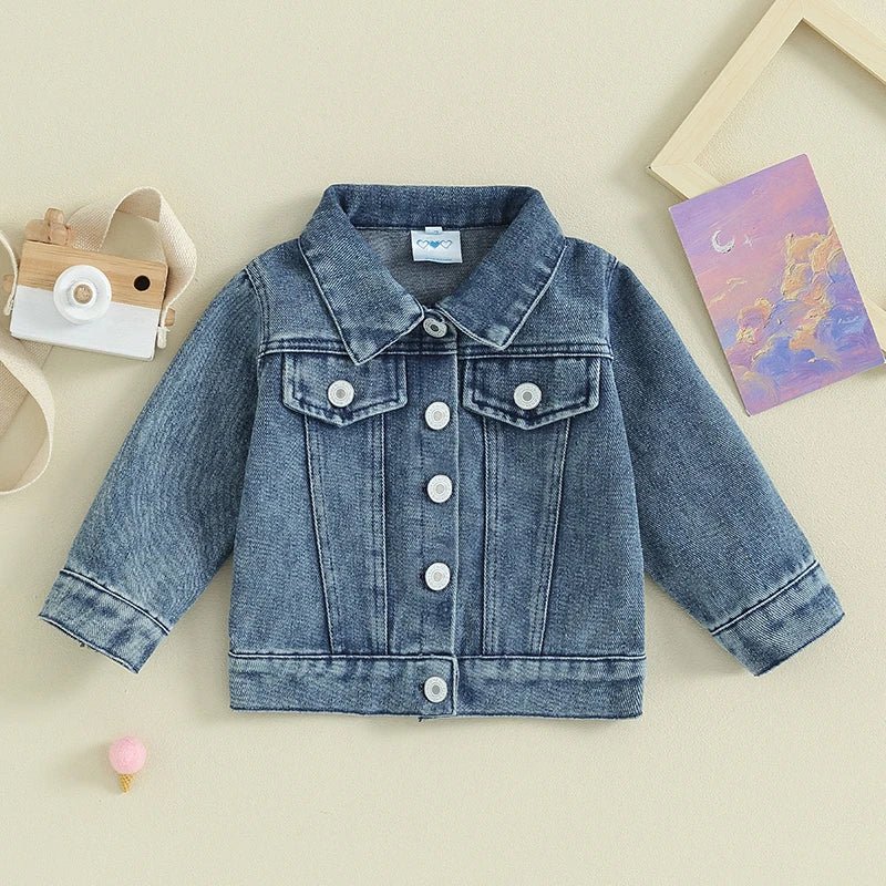 Toddler Girl Denim Jacket Letter Embroidery Long Sleeve Button Jean - Astra Wear astrawear.ca