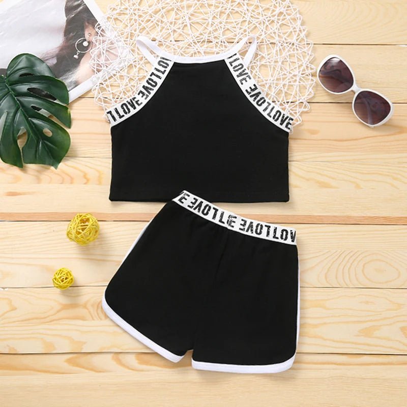 Trendy Summer Children's Sports Clothing Set 2-6Y Patchwork Letter Camisole and Shorts 2Pcs for Girls Kid's Casual Vest Outfit - Astra Wear astrawear.ca
