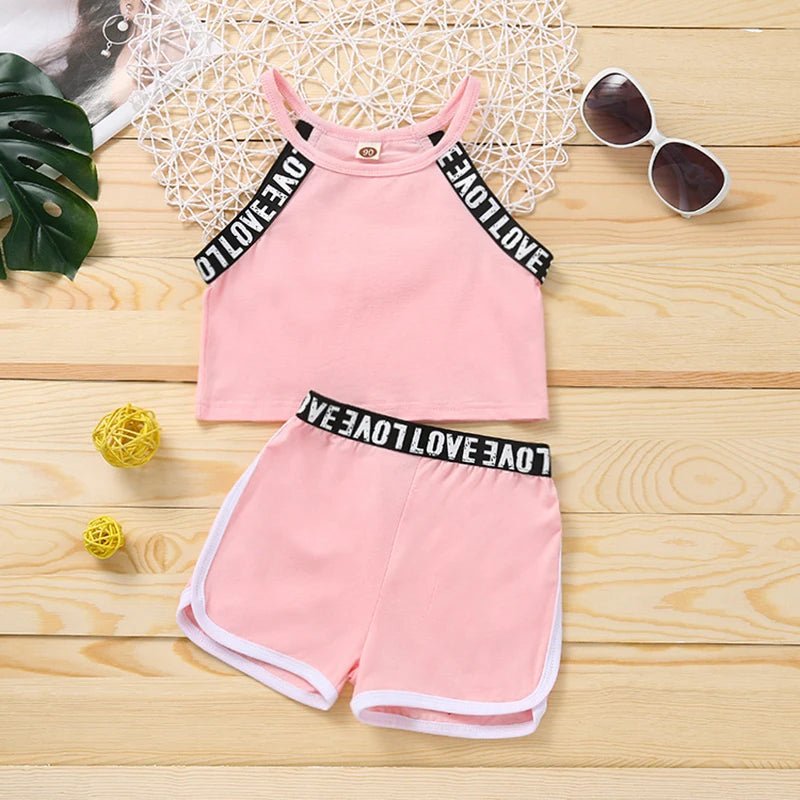 Trendy Summer Children's Sports Clothing Set 2-6Y Patchwork Letter Camisole and Shorts 2Pcs for Girls Kid's Casual Vest Outfit - Astra Wear astrawear.ca