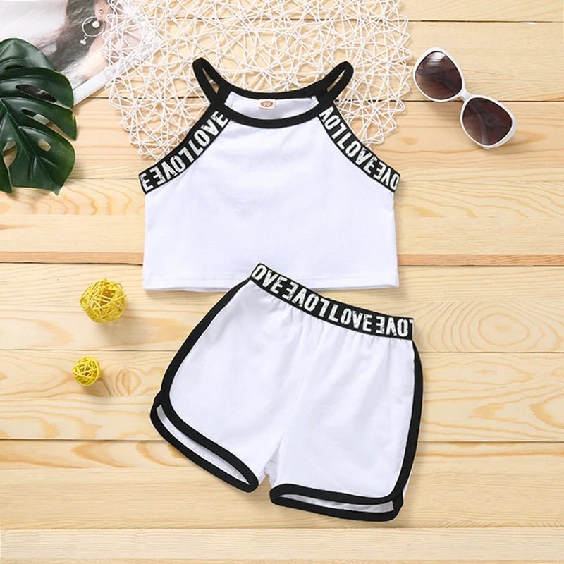 Trendy Summer Children's Sports Clothing Set 2-6Y Patchwork Letter Camisole and Shorts 2Pcs for Girls Kid's Casual Vest Outfit - Astra Wear astrawear.ca