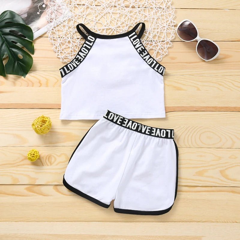 Trendy Summer Children's Sports Clothing Set 2-6Y Patchwork Letter Camisole and Shorts 2Pcs for Girls Kid's Casual Vest Outfit - Astra Wear astrawear.ca