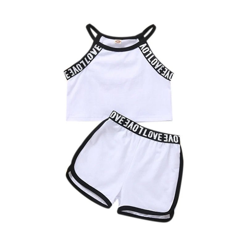 Trendy Summer Children's Sports Clothing Set 2-6Y Patchwork Letter Camisole and Shorts 2Pcs for Girls Kid's Casual Vest Outfit - Astra Wear astrawear.ca