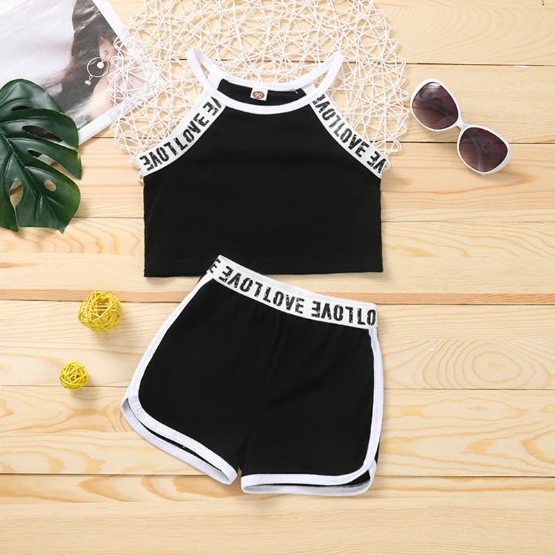 Trendy Summer Children's Sports Clothing Set 2-6Y Patchwork Letter Camisole and Shorts 2Pcs for Girls Kid's Casual Vest Outfit - Astra Wear astrawear.ca