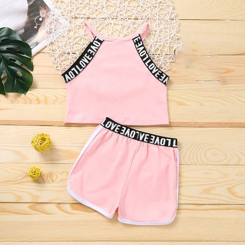Trendy Summer Children's Sports Clothing Set 2-6Y Patchwork Letter Camisole and Shorts 2Pcs for Girls Kid's Casual Vest Outfit - Astra Wear astrawear.ca