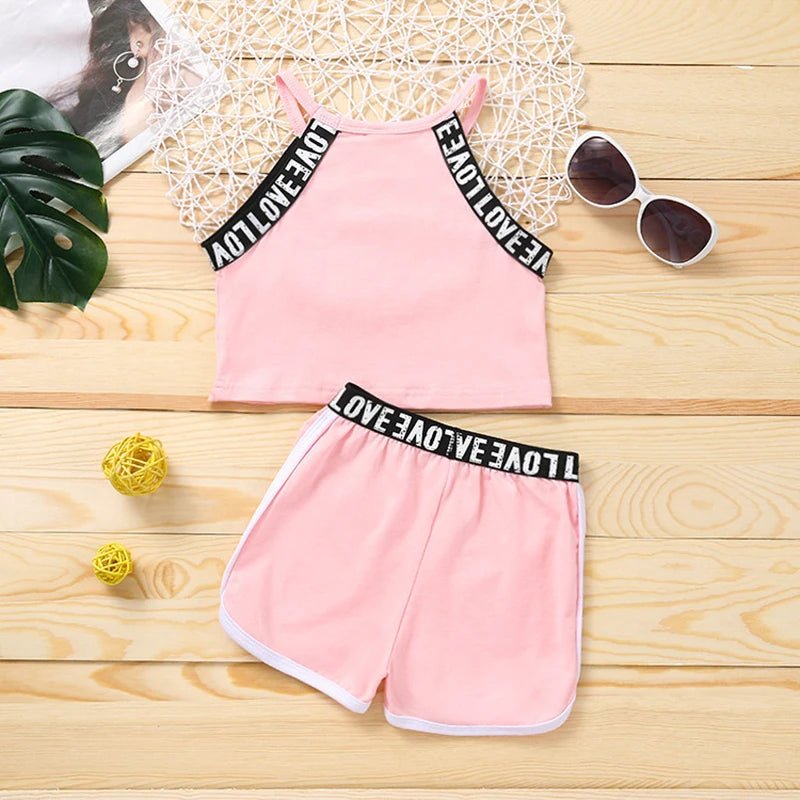Trendy Summer Children's Sports Clothing Set 2-6Y Patchwork Letter Camisole and Shorts 2Pcs for Girls Kid's Casual Vest Outfit - Astra Wear astrawear.ca