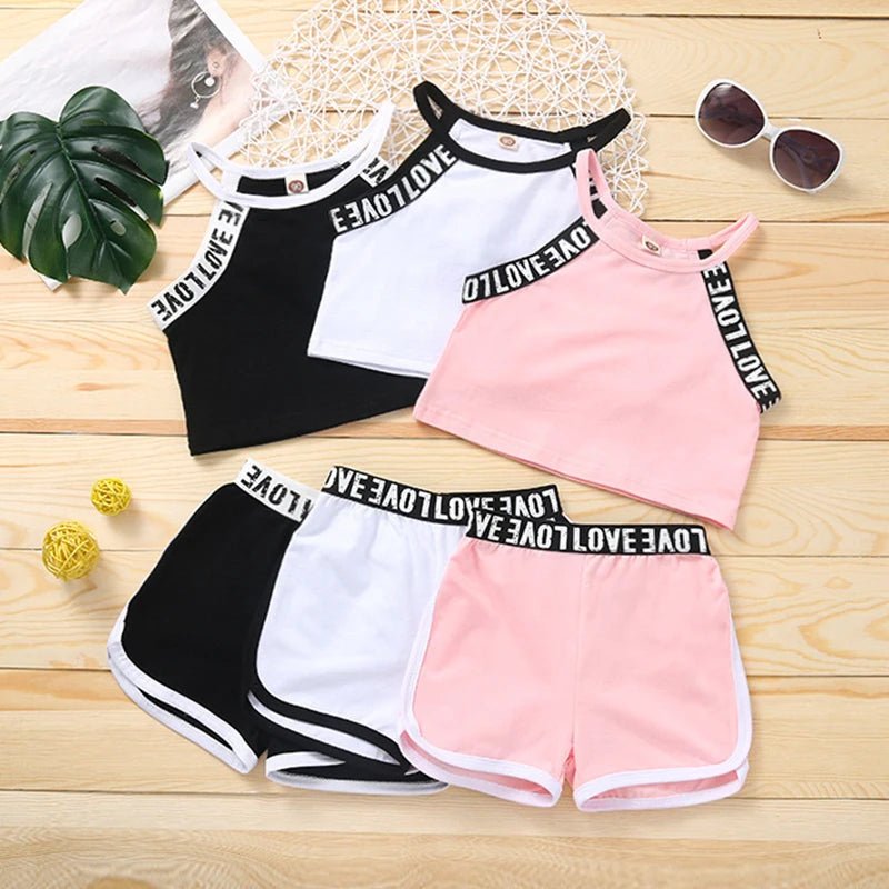 Trendy Summer Children's Sports Clothing Set 2-6Y Patchwork Letter Camisole and Shorts 2Pcs for Girls Kid's Casual Vest Outfit - Astra Wear astrawear.ca