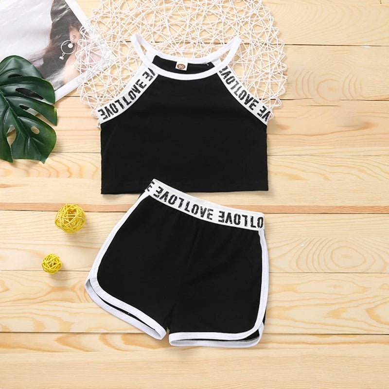 Trendy Summer Children's Sports Clothing Set 2-6Y Patchwork Letter Camisole and Shorts 2Pcs for Girls Kid's Casual Vest Outfit - Astra Wear astrawear.ca