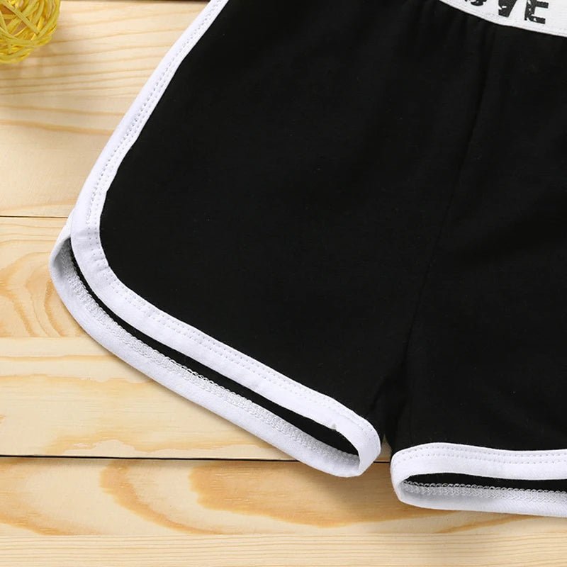 Trendy Summer Children's Sports Clothing Set 2-6Y Patchwork Letter Camisole and Shorts 2Pcs for Girls Kid's Casual Vest Outfit - Astra Wear astrawear.ca