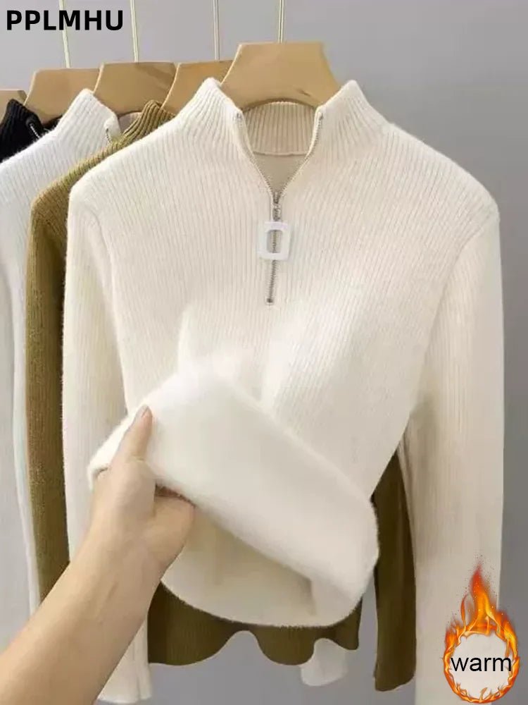 V-Neck Plus Velvet Thicken Knitted Pullover Sweater Woman Casaul Korean Fashion Knitwear Tops Jumpers Plush Lined Warm Sueter - Astra Wear astrawear.ca