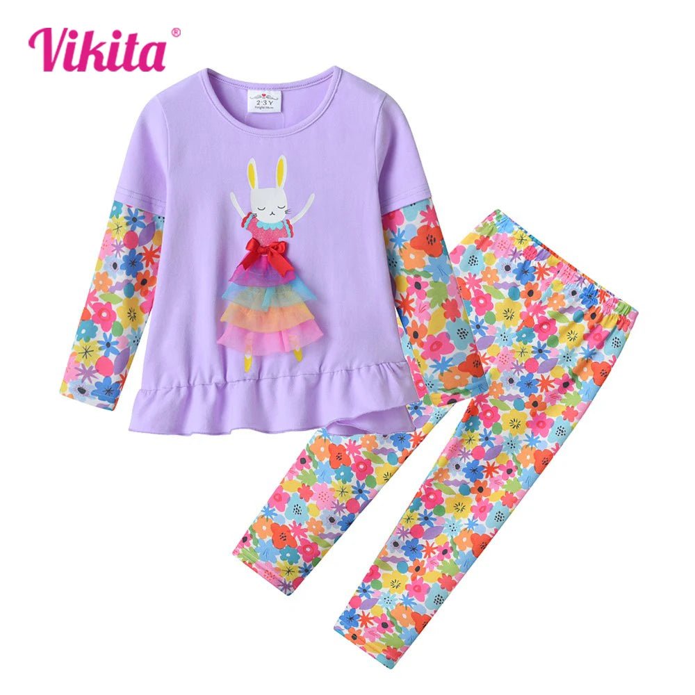 VIKITA Children Clothing Kids Rabbit Floral Print Long Sleeve Cotton Casual Tops Tees and Pants 2 Pcs Suit Kids Clothes Sets - Astra Wear astrawear.ca