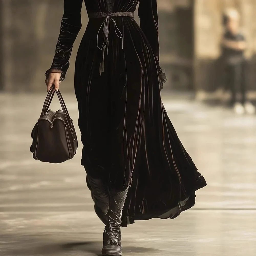 Vintage French Velvet Women's Dress Lace Patchwork V-Neck Long Sleeve Autumn Nightgown Dress Female Casual Maxi Chic Dresses - Astra Wear astrawear.ca