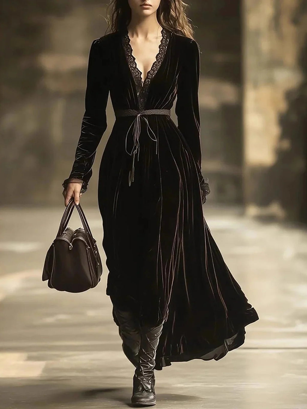 Vintage French Velvet Women's Dress Lace Patchwork V-Neck Long Sleeve Autumn Nightgown Dress Female Casual Maxi Chic Dresses - Astra Wear astrawear.ca