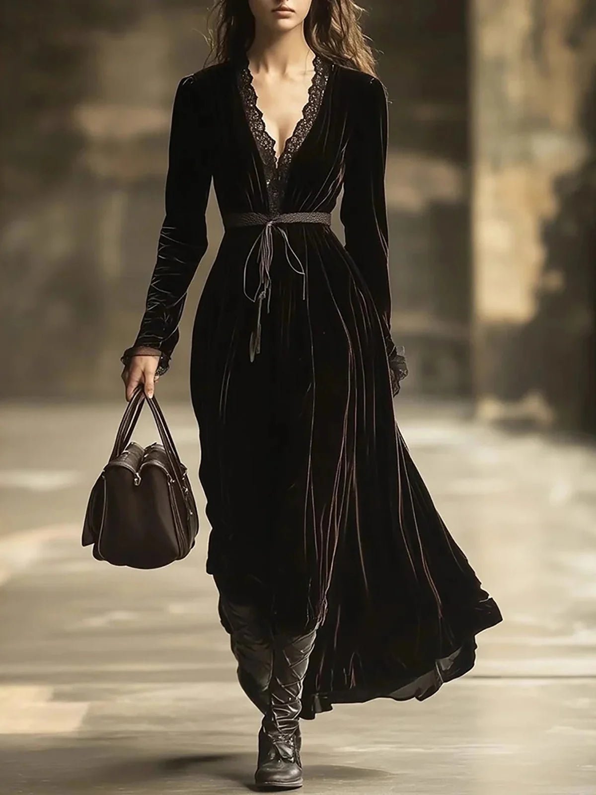 Vintage French Velvet Women's Dress Lace Patchwork V-Neck Long Sleeve Autumn Nightgown Dress Female Casual Maxi Chic Dresses - Astra Wear astrawear.ca