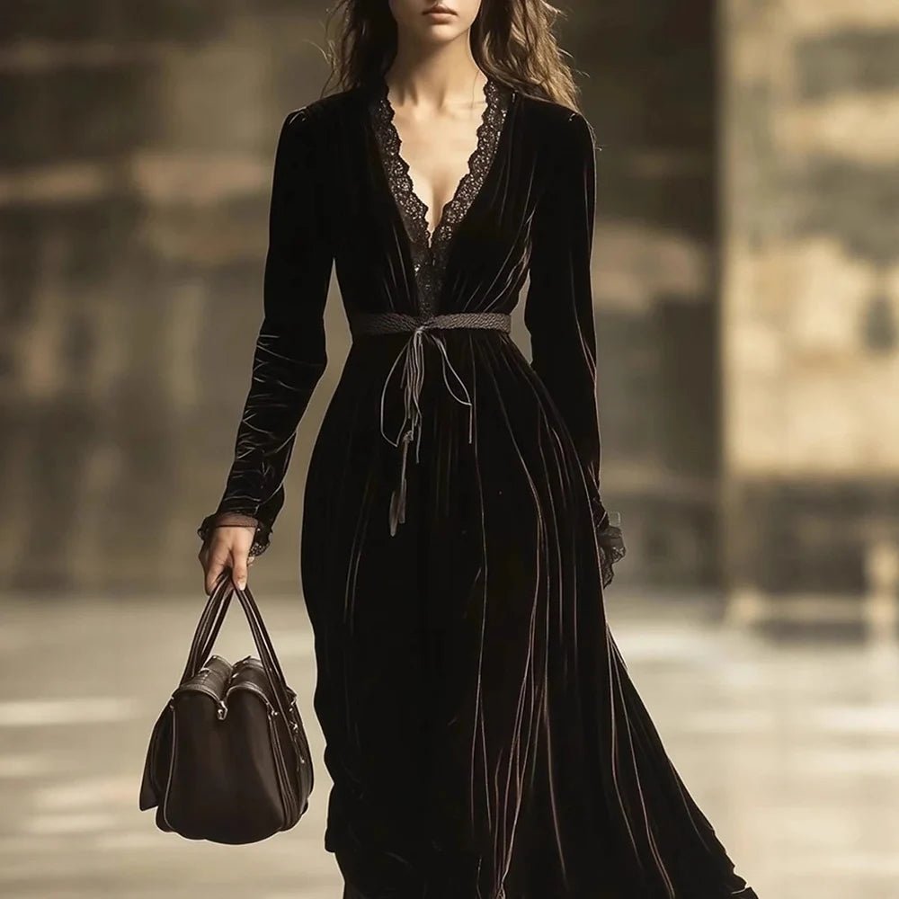 Vintage French Velvet Women's Dress Lace Patchwork V-Neck Long Sleeve Autumn Nightgown Dress Female Casual Maxi Chic Dresses - Astra Wear astrawear.ca