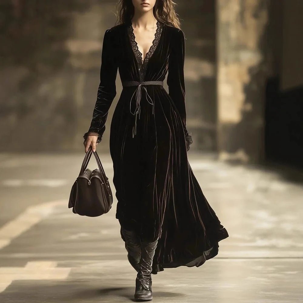 Vintage French Velvet Women's Dress Lace Patchwork V-Neck Long Sleeve Autumn Nightgown Dress Female Casual Maxi Chic Dresses - Astra Wear astrawear.ca