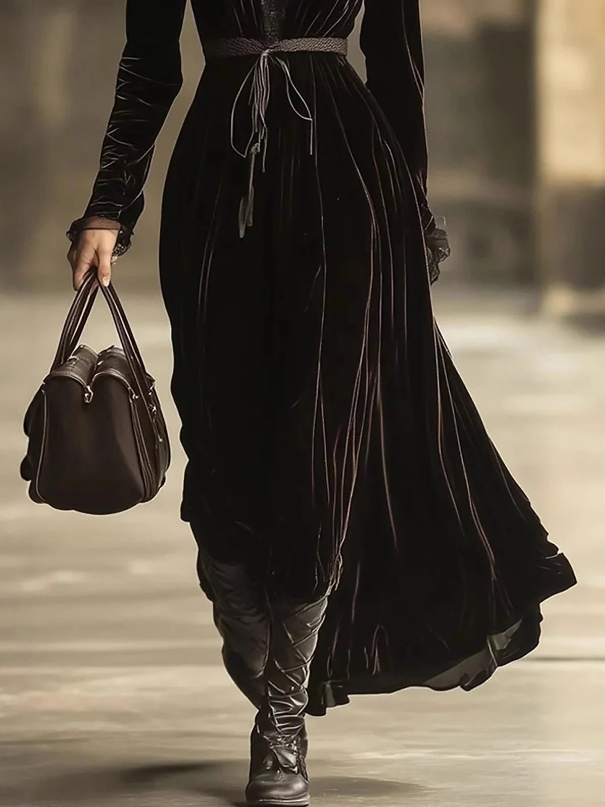Vintage French Velvet Women's Dress Lace Patchwork V-Neck Long Sleeve Autumn Nightgown Dress Female Casual Maxi Chic Dresses - Astra Wear astrawear.ca