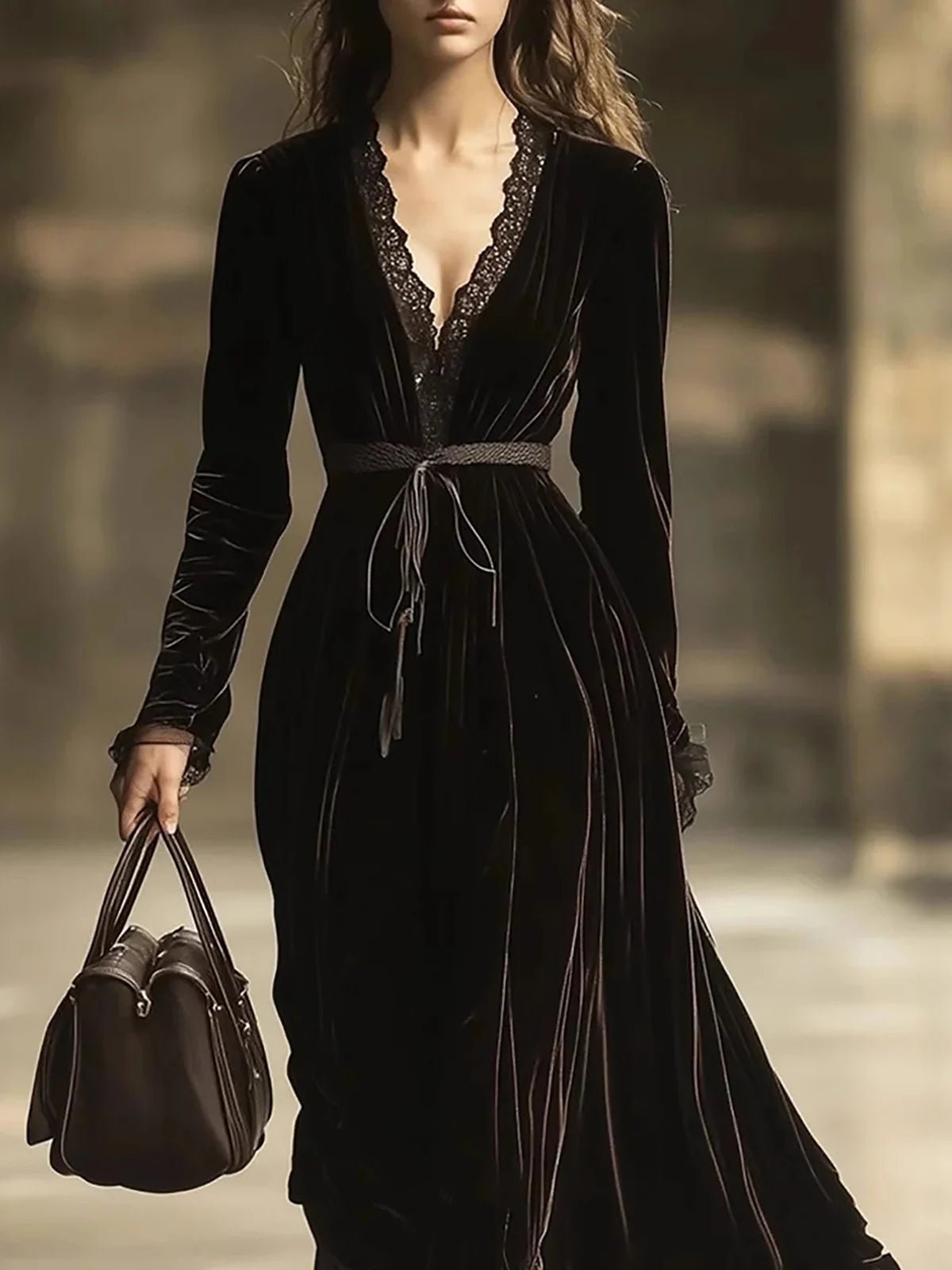 Vintage French Velvet Women's Dress Lace Patchwork V-Neck Long Sleeve Autumn Nightgown Dress Female Casual Maxi Chic Dresses - Astra Wear astrawear.ca
