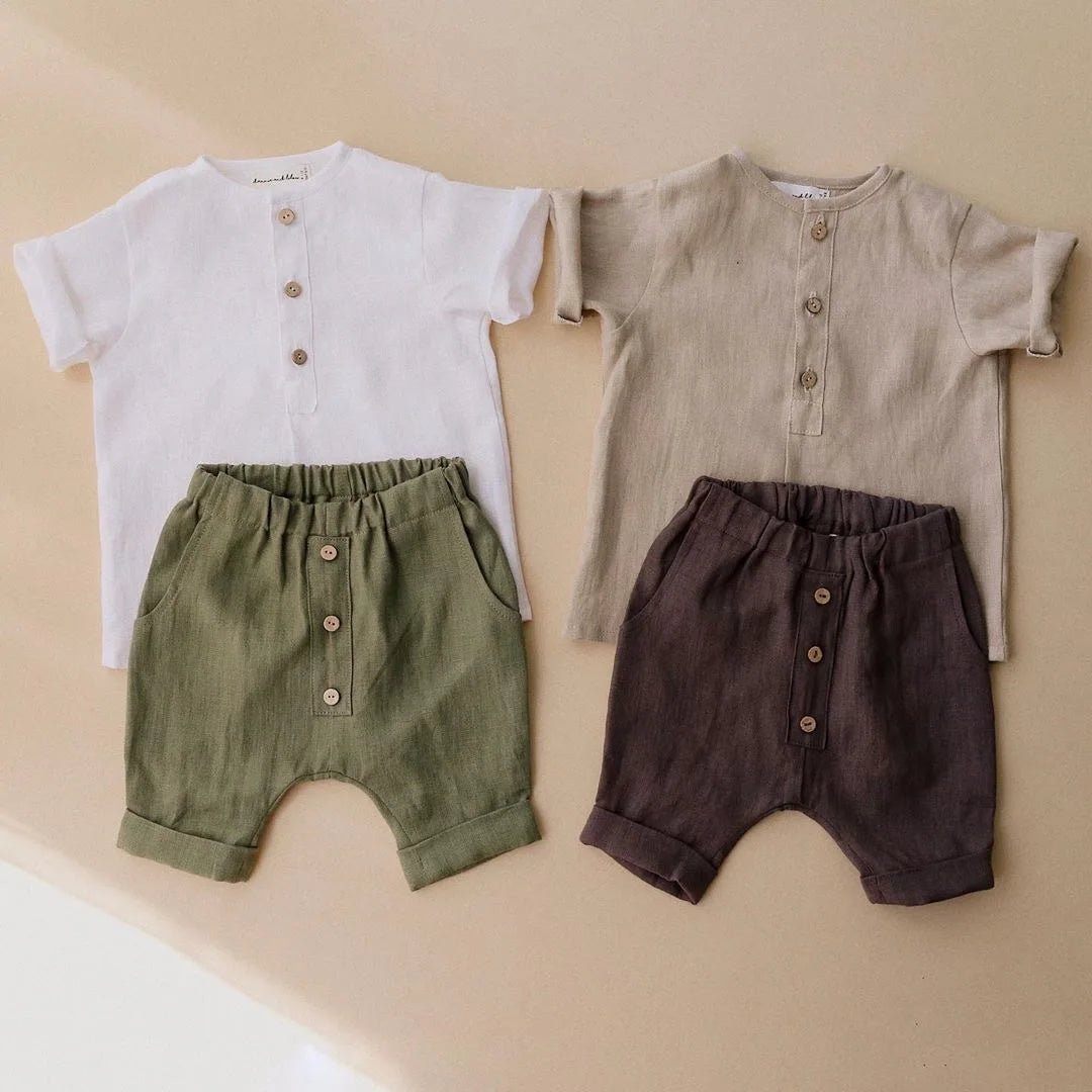 Vintage Linen Cotton Boys Shirt Toddler Summer Casual Clothing Sets Solid Short Sleeve T-Shirt Tops+Shorts Outfits For 0-3T Kids - Astra Wear astrawear.ca