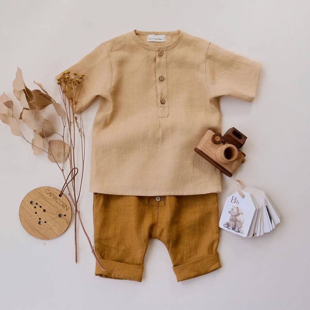 Vintage Linen Cotton Boys Shirt Toddler Summer Casual Clothing Sets Solid Short Sleeve T-Shirt Tops+Shorts Outfits For 0-3T Kids - Astra Wear astrawear.ca
